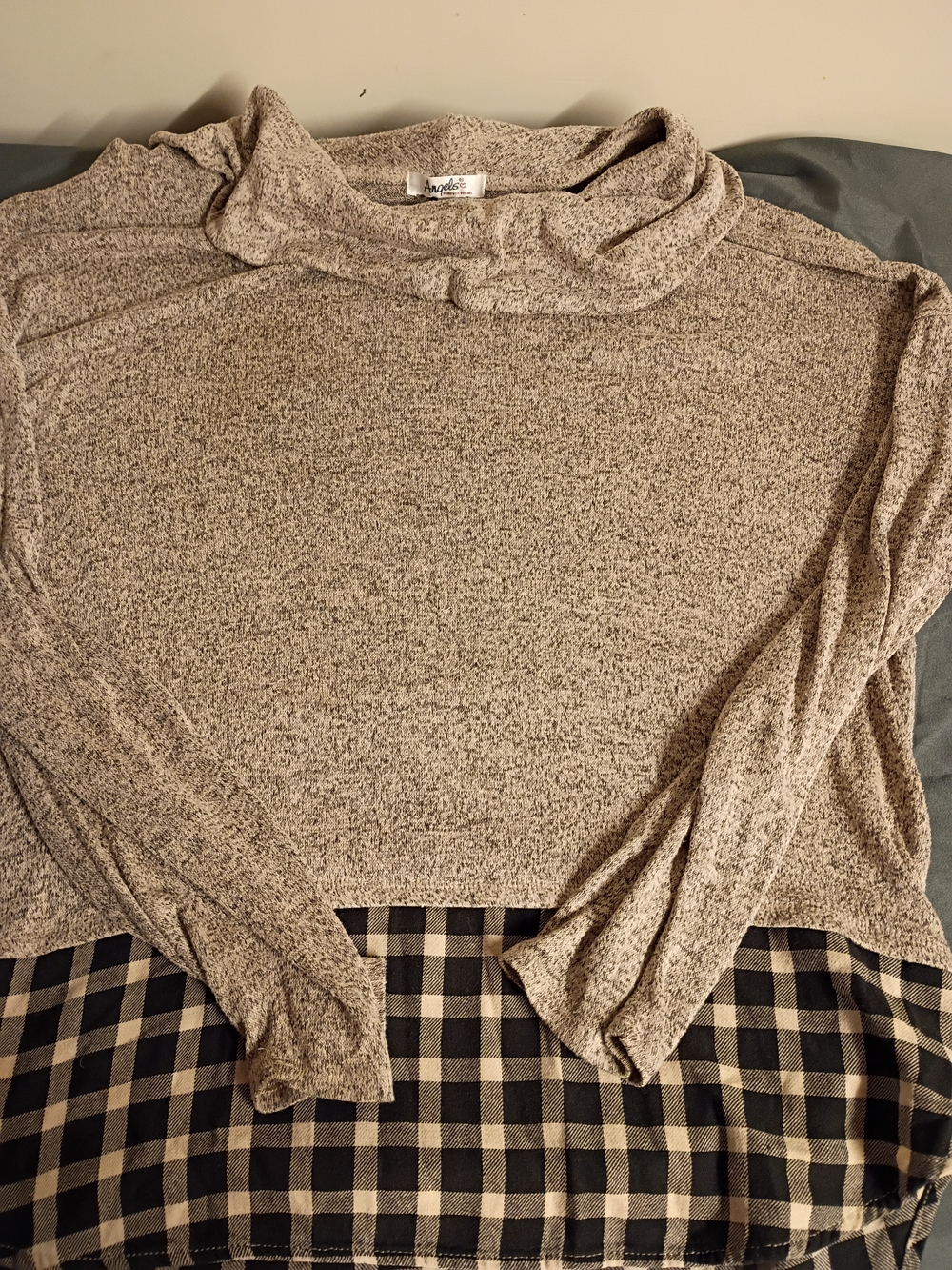 Cream Speckled Turtleneck Sweater with Plaid Hem
